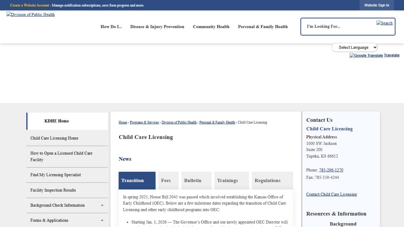 Child Care Licensing KDHE, KS